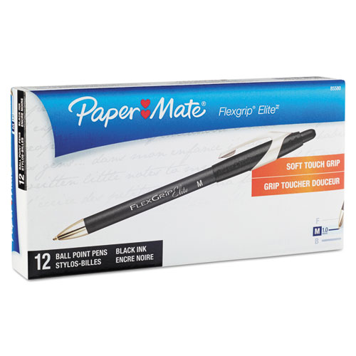 Image of Paper Mate® Flexgrip Elite Ballpoint Pen, Retractable, Medium 1 Mm, Black Ink, Black Barrel, Dozen