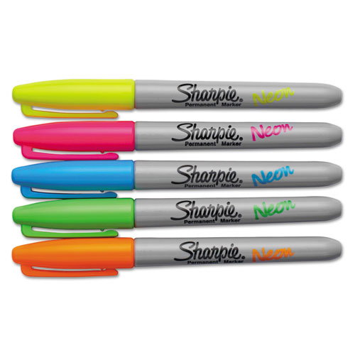 Image of Sharpie® Neon Permanent Markers, Fine Bullet Tip, Assorted Colors, 5/Pack