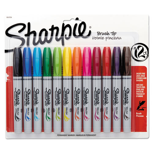 Brush Tip Permanent Marker, Medium, Assorted Colors, 12/Set | by Plexsupply