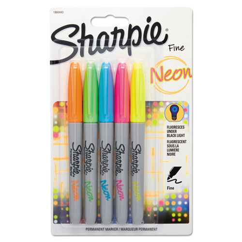 Neon Permanent Markers, Fine Bullet Tip, Assorted Colors, 5/Pack