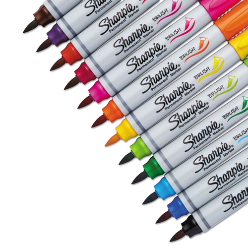 Brush Tip Permanent Marker, Medium, Assorted Colors, 12/Set