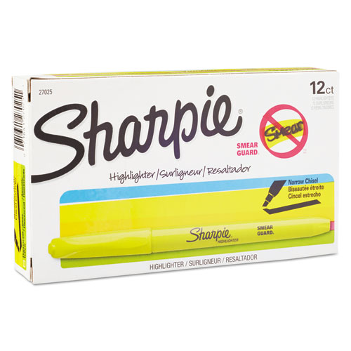 Image of Sharpie® Pocket Style Highlighters, Fluorescent Yellow Ink, Chisel Tip, Yellow Barrel, Dozen