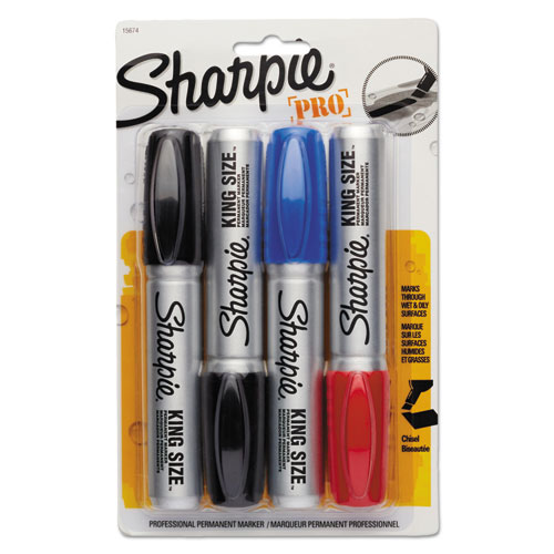 Sharpie® King Size Markers, Chisel Tip, Blue/Red/Black, 4/Set
