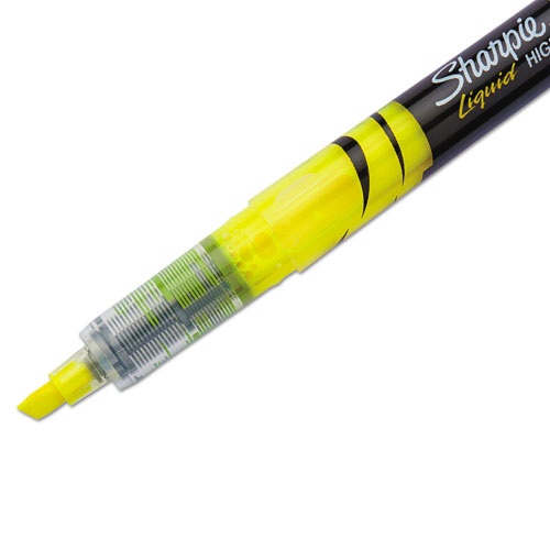Image of Sharpie® Liquid Pen Style Highlighters, Fluorescent Yellow Ink, Chisel Tip, Yellow/Black/Clear Barrel, Dozen
