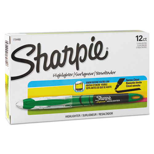 Image of Sharpie® Liquid Pen Style Highlighters, Fluorescent Green Ink, Chisel Tip, Green/Black/Clear Barrel, Dozen