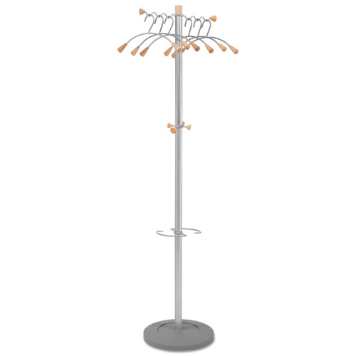 WAVY COAT TREE, SIX HANGERS/TWO KNOBS/FOUR HOOKS, 18.88W X 14D X 68.5H, SILVER STEEL/WOOD