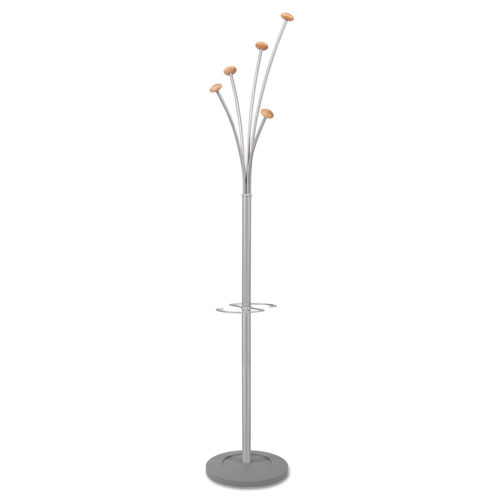 Alba™ Festival Coat Stand with Umbrella Holder, Five Knobs, Silver Gray Steel/Wood