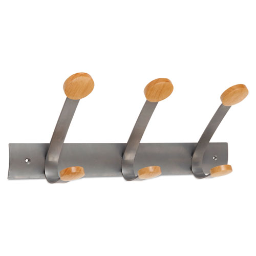 Alba™ Wooden Coat Hook, Three Wood Peg Wall Rack, Brown/Silver, 45 Lb Capacity