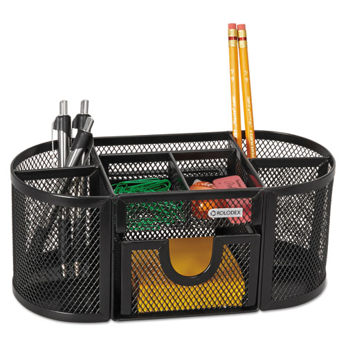 Image of Rolodex™ Mesh Oval Pencil Cup Organizer, 4 Compartments, Steel, 9.38 X 4.5 X 4, Black
