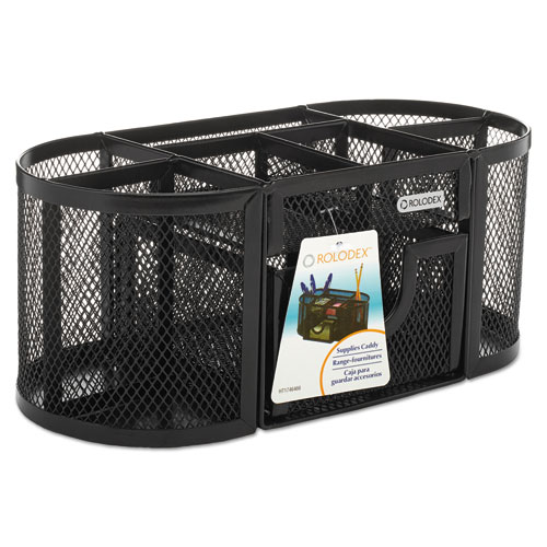 Image of Rolodex™ Mesh Oval Pencil Cup Organizer, 4 Compartments, Steel, 9.38 X 4.5 X 4, Black