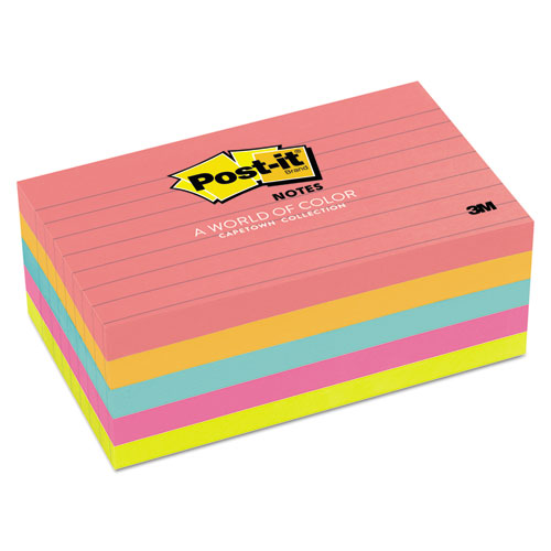 Post-it® Notes Original Pads in Cape Town Colors, 3 x 5, Lined, 100-Sheet, 5/Pack