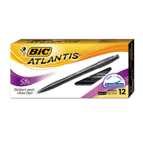 BIC® Atlantis Stic Ballpoint Pen, Black Ink, 1mm, Medium, Dozen