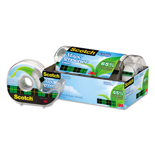 Magic Greener Tape with Dispenser, 1" Core, 0.75" x 50 ft, Clear, 6/Pack