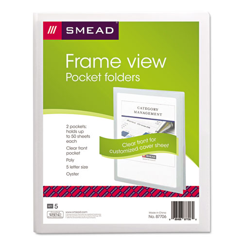 Frame View Poly Two-Pocket Folder, 100-Sheet Capacity, 11 x 8.5, Clear/Oyster, 5/Pack
