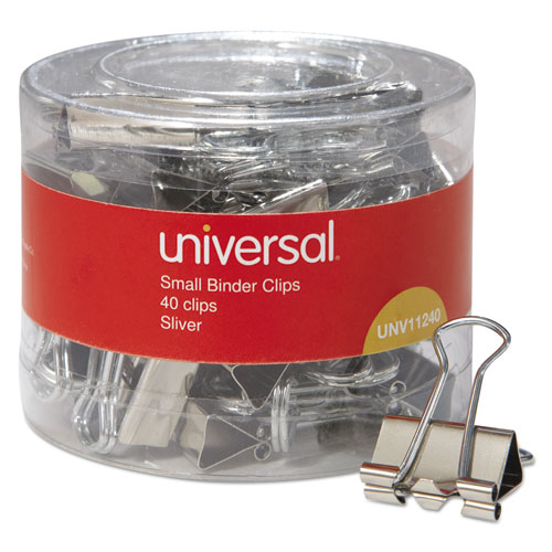 Binder Clips with Storage Tub, Small, Silver, 40/Pack