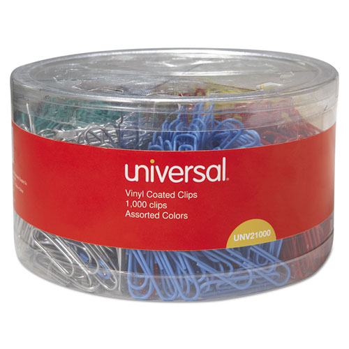Image of Universal® Plastic-Coated Paper Clips With Six-Compartment Organizer Tub, #3, Assorted Colors, 1,000/Pack