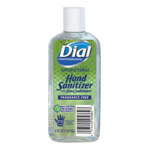 Dial® Professional Antibacterial with Moisturizers Gel Hand Sanitizer, 4 oz Flip-Top Bottle, Fragrance-Free, 24/Carton