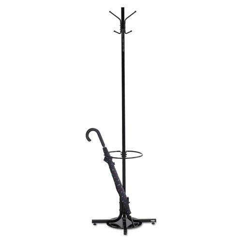 Image of Metal Costumer w/Umbrella Holder, Four Ball-Tipped Double-Hooks, 21w x 21d x 70h, Black