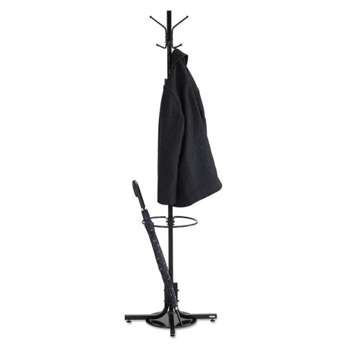 Image of Metal Costumer w/Umbrella Holder, Four Ball-Tipped Double-Hooks, 21w x 21d x 70h, Black