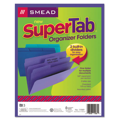 SuperTab Organizer Folder, 1/3-Cut Tabs, Letter Size, Assorted, 3/Pack
