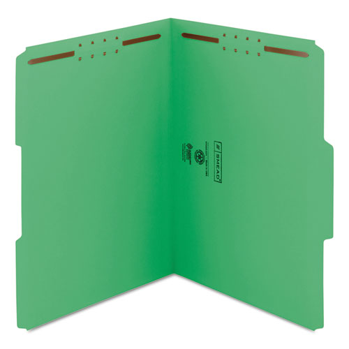 Image of Smead™ Top Tab Colored Fastener Folders, 0.75" Expansion, 2 Fasteners, Letter Size, Green Exterior, 50/Box