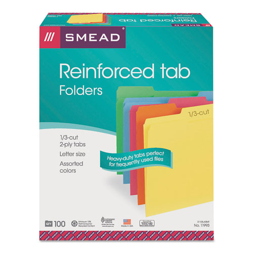 Reinforced Top Tab Colored File Folders, 1/3-Cut Tabs, Letter Size, Assorted, 100/Box