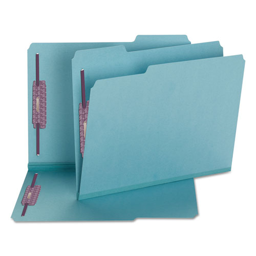 Colored Pressboard Folders with Two SafeSHIELD Coated Fasteners, 1/3-Cut Tabs, Letter Size, Blue, 25/Box