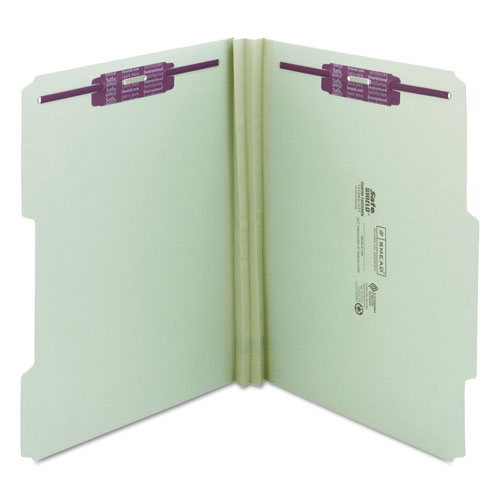 Recycled Pressboard Folders w/Two SafeSHIELD Fasteners, 2/5-Cut Tab, Right of Center, 2" Exp, Letter Size, Gray-Green, 25/Box