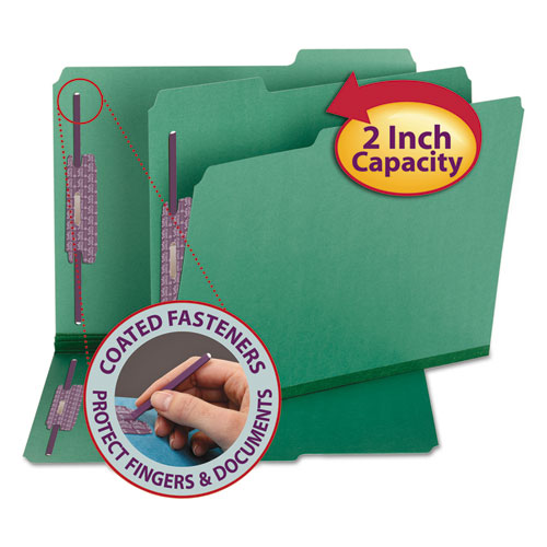 Colored Pressboard Folders with Two SafeSHIELD Coated Fasteners, 1/3-Cut Tabs, Letter Size, Green, 25/Box | by Plexsupply