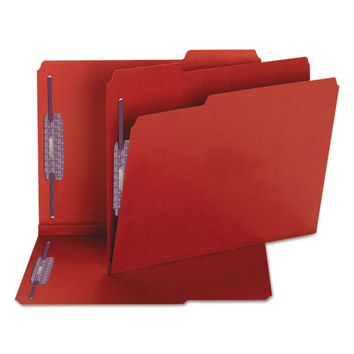 Colored Pressboard Folders with Two SafeSHIELD Coated Fasteners, 1/3-Cut Tabs, Letter Size, Bright Red, 25/Box