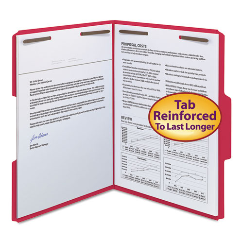 WaterShed CutLess Reinforced Top Tab Fastener Folders, 0.75" Expansion, 2 Fasteners, Letter Size, Red Exterior, 50/Box