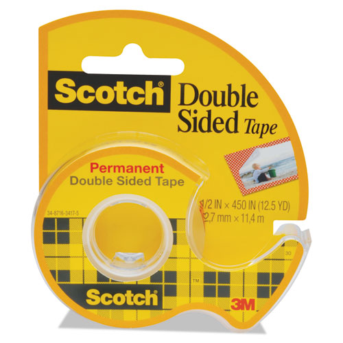 Double-Sided Permanent Tape in Handheld Dispenser, 1" Core, 0.5" x 37.5 ft, Clear