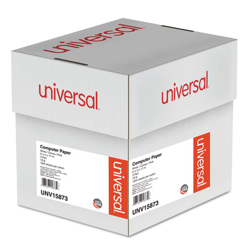 Universal® Printout Paper, 3-Part, 15 Lb Bond Weight, 9.5 X 11, White/Canary/Pink, 1,200/Carton