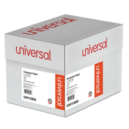 Image of Universal® Printout Paper, 1-Part, 15 Lb Bond Weight, 14.88 X 11, White/Green Bar, 3,000/Carton