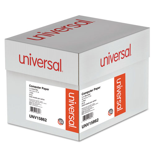 Universal® Printout Paper, 1-Part, 20 Lb Bond Weight, 14.88 X 11, White/Blue Bar, 2,400/Carton