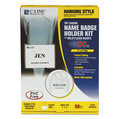 Image of Name Badge Kits, Top Load, 4 x 3, Clear, Elastic Cord, 50/Box