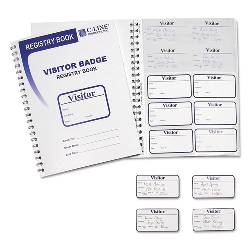 Image of C-Line® Visitor Badges With Registry Log, 3 5/8 X 1 7/8, White, 150 Badges/Box