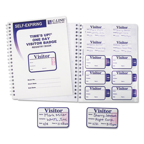 Image of Time's Up Self-Expiring Visitor Badges with Registry Log, 3 x 2, White, 150 Badges/Box