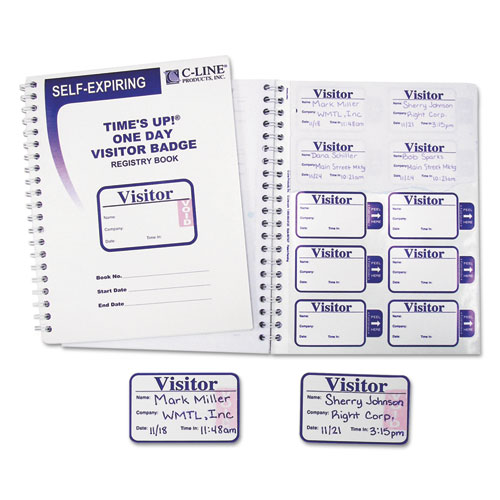 C-Line Time&s Up Self-Expiring Visitor Badges w/Registry Log, 3 x 2, We, 150