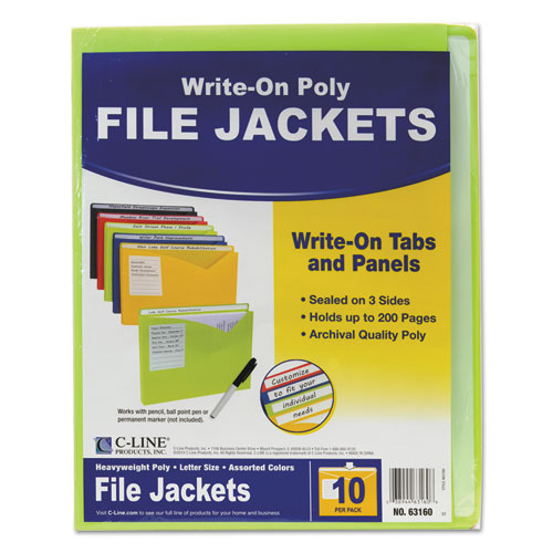 C-Line® Write-On Poly File Jackets, Straight Tab, Letter Size, Assorted Colors, 10/Pack