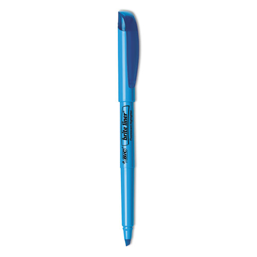 Image of Bic® Brite Liner Highlighter, Fluorescent Blue Ink, Chisel Tip, Blue/Black Barrel, Dozen