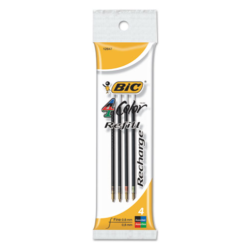 BIC® Refill for 4-Color Retractable Ballpoint, Fine, BLK, BE, GN, Red Ink, 4/Pack