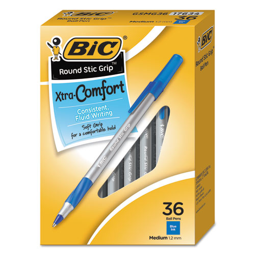 BIC® Round Stic Grip Xtra Comfort Ballpoint Pen Value Pack, Easy-Glide, Stick, Medium 1.2 mm, Blue Ink, Gray/Blue Barrel, 36/Pack