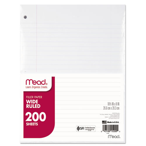 Mead® Filler Paper, 15lb, Wide Rule, 3 Hole, 10 1/2 x 8, 200 Sheets