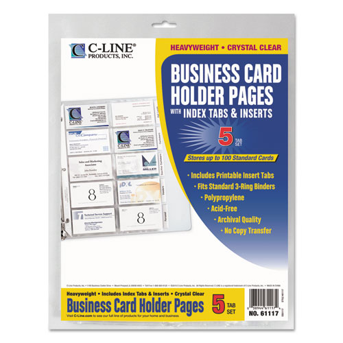 Image of Tabbed Business Card Binder Pages, For 2 x 3.5 Cards, Clear, 20 Cards/Sheet, 5 Sheets/Pack