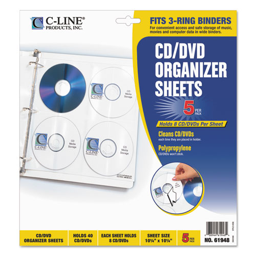 Image of C-Line® Deluxe Cd Ring Binder Storage Pages, Standard, 8 Disc Capacity, Clear/White, 5/Pack