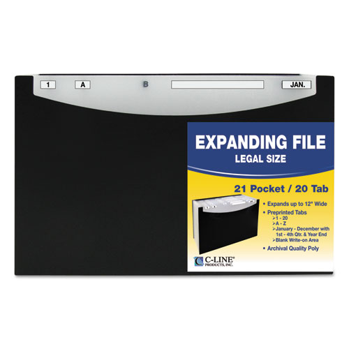 21-Pocket Stand-Up Design Expanding File, 12" Expansion, 21 Sections, 1/5-Cut Tabs, Legal Size, Black