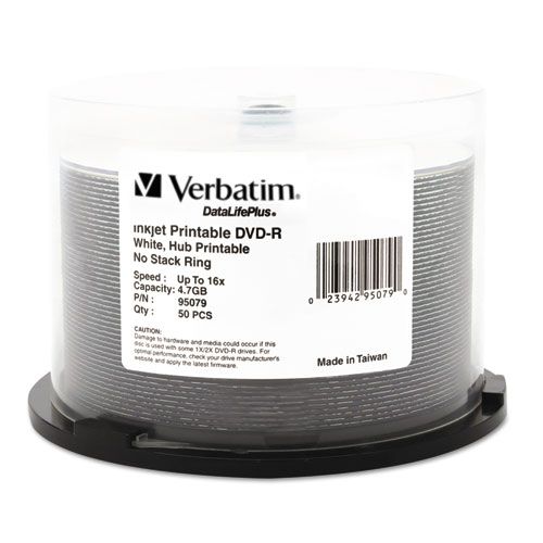 Verbatim® Dvd-R Datalife Plus Printable Recordable Disc, 4.7 Gb,16X, Spindle, White, 50/Pack