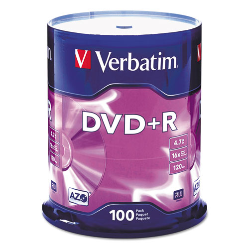 Verbatim® Dvd+R Recordable Disc, 4.7 Gb, 16X, Spindle, Silver, 100/Pack