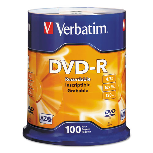 Verbatim® Dvd-R Recordable Disc, 4.7 Gb, 16X, Spindle, Silver, 100/Pack